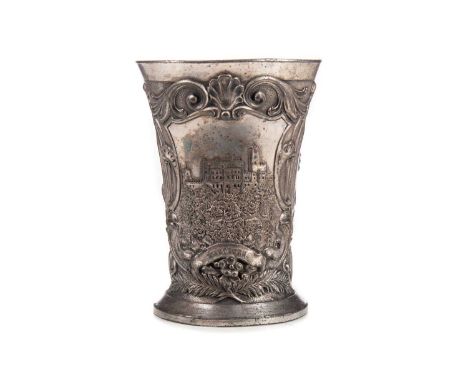 WMF SILVER PLATED BEAKER,of tapered form, cast with central depiction of Wartburg, flanked by portrait busts of gentlemen, in