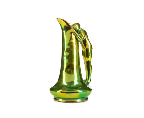 ZSONLAY PECS LUSTRE GLAZED EWER,of small proportions, with figural handle, printed marks to base, 12cm high