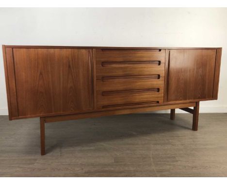 DANISH MID-CENTURY TEAK SIDEBOARD BY BERNHARD PEDERSEN &amp; SON ,with four drawers flanked by two doors and raised on stretc