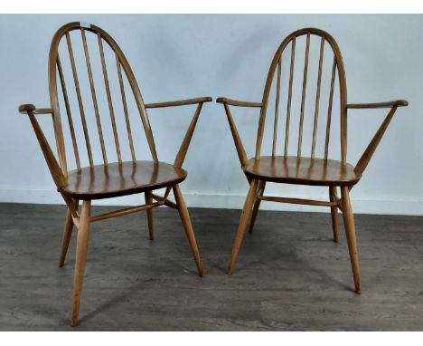 PAIR OF ERCOL HOOP AND SPINDLE BACK CARVERS,together with a pair of bar back dining chairs, all on stretchered splayed suppor