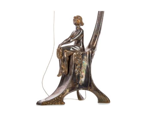 AUSTRIAN JUGENDSTIL SILVER PLATE &amp; PARCEL GILT FIGURAL TABLE LAMP BY MORITZ HACKER,with curved tendril column over a squa