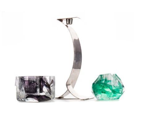 TWO KOSTA BODA GLASS CANDLE HOLDERS,one of square form and the other of circular form, along with a modernist style Swedish c