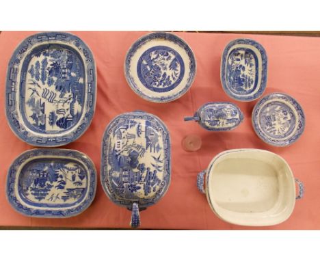 SELECTION OF 19TH CENTURY BLUE AND WHITE TRANSFER PRINTED WARE INCLUDING A SAUCE TUREEN AND LADLE