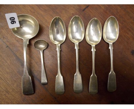 FOUR NEWCASTLE SILVER SPOONS,LONDON SILVER LADLE AND A PRESERVE SPOON