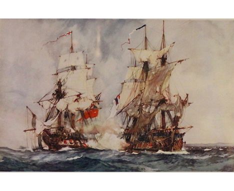 A ship print depicting 'HMS Cresent', together with two sketches of staff from HMS Cresent, supposedly done by the ships arti