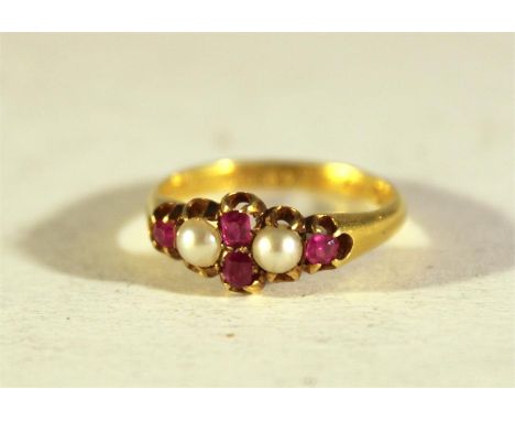 18ct Gold Edwardian Pearl &amp; Ruby Ring. Approx 2.5 grams. Good condition.