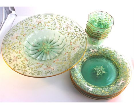 Late 19th century large Venetian glass charger with matching bowls, and dishes depicting running deer. Enamel decoration. 13 
