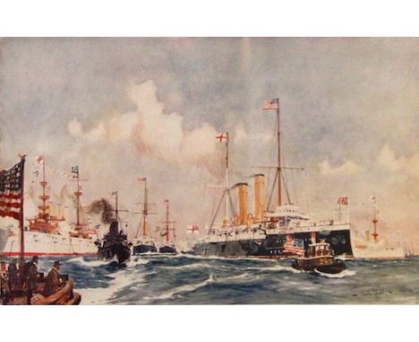 A ship print depicting 'HMS Cresent', together with two sketches of staff from HMS Cresent, supposedly done by the ships arti