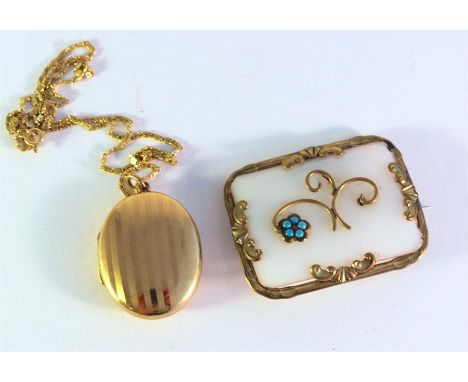 9ct yellow and oval locket, engine-turned to the front on fine chain, approx 10grams, together with a Victorian pinchbeck bro