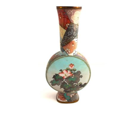 A Japanese&nbsp; Cloisonne Moon Flask with Central Panel depicting Sparrows. Height 31cms