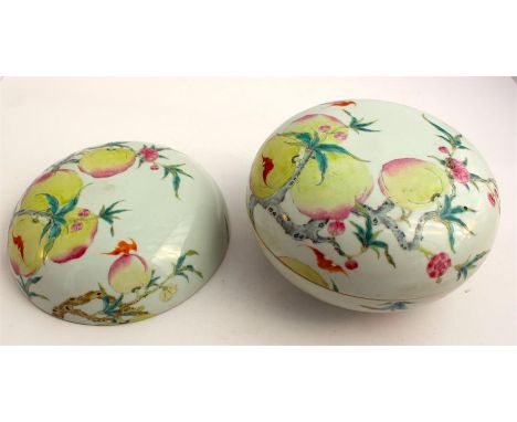 A 19th cent Chinese Peach Blossom Jar and Cover. The underside marked with enamel peach, and a similar peach blossom cover, l