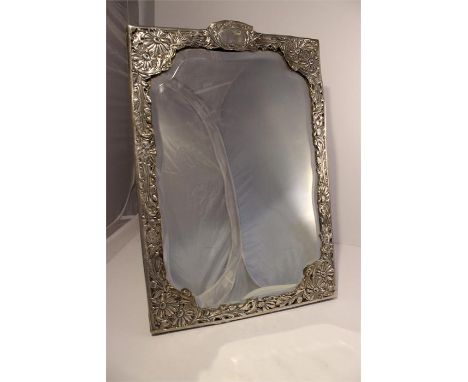 Large Victorian Aesthetic Period Silver Easel Mirror, Birmingham 1887. Decorated with Chrysanthemums. Original bevelled glass