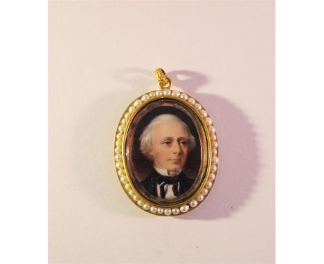 A 19th Century Portrait Miniature of Gentleman with white hair in oval yellow metal pendant having border of pearls and hair 