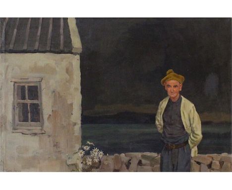 Robert Taylor Carson (1919-2008) oil on canvas self portrait by cottage, Irish interest. 63cm X 92cm excluding frame.&nbsp;