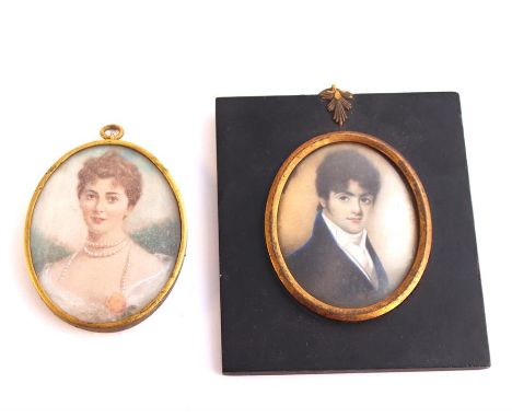 Two 18th Century portrait miniatures, probably on ivory of a gentleman and lady.