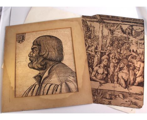 An interesting early Durer self portrait Woodblock laid on card, historic restorations with a similar later Durer print Portr