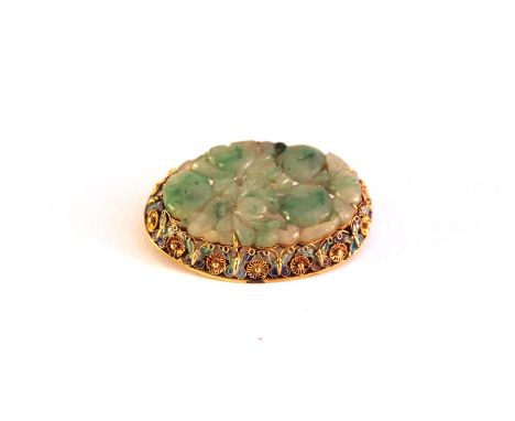 A Chinese 19th Century 14k jade floral brooch. Total 16.8grams