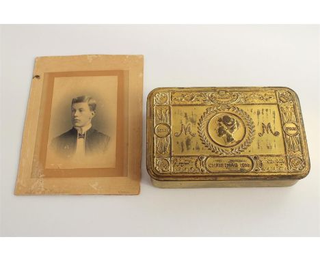 WW1 Princess Mary's Gift tin for Christmas 1914. Much original gilt finish complete with Greetings card, photograph of Prince