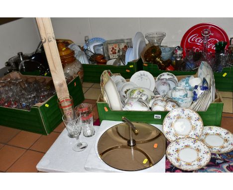 FIVE BOXES AND LOOSE CERAMIC TEAWARES, GLASS AND COOKWARES, to include a cut crystal ships decanter, a French crystal decante