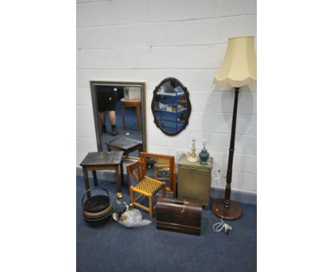 A SELECTION OF OCCASIONAL FURNITURE, to include a bevelled edge wall mirror, 103cm x 72cm, another mirror, an oak occasional 