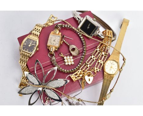 A SELECTION OF JEWELLERY AND WATCHES, to include two ladies 'Accurist' quartz wristwatches, a lady's boxed white metal bangle