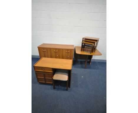 A TEAK FINISH GATE LEG TABLE, a teak effect three door sideboard, a teak nest of three tables, a Nathan teak dressing table a