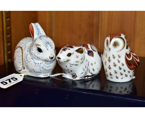 THREE BOXED ROYAL CROWN DERBY COLLECTORS GUILD PAPERWEIGHTS, comprising 'Bunny', 'Owlet' and 'Bank Vole', all three are first