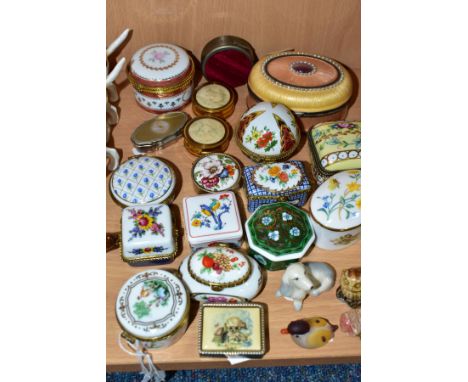 A GROUP OF TRINKET BOXES AND FOUR MINIATURE ANIMAL FIGURES, eighteen, mainly ceramic and metal, late twentieth century/contem