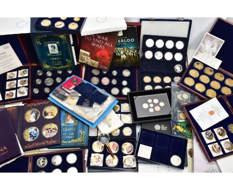 A LARGE PLASTIC BOX OF ASSORTED COINS, to include two fitted cases of silver proof UK one pound to five pound coins, 14x one 