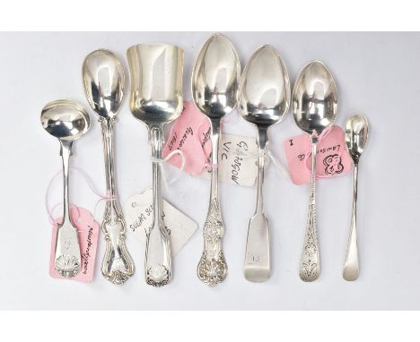 A SELECTION OF SILVER SPOONS, to include a late Victorian fiddle pattern sugar scoop, shell detail to the handle, hallmarked 