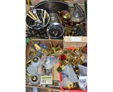 THREE BOXES OF METALWARES, to include a boxed French wire mesh form mannequin, assorted door furniture, light fittings, drawe