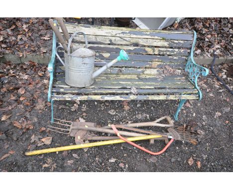 AN ALUMINIUM GARDEN BENCH with distressed slats, length 125cm, various garden hand tools and a galvanised watering can (5+)