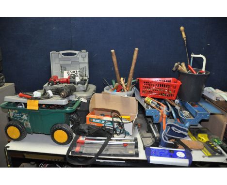 A QUANTITY OF POWER AND HANDTOOLS including a Black and Decker Angle Grinder, a Black and Decker Drill, a Power Devil 7.2v dr