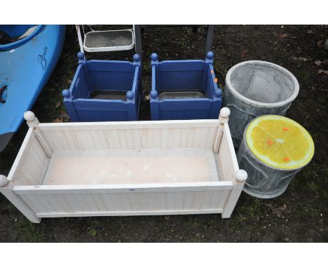 A WHITE PAINTED PINE PLANTER, a pair of matching blue painted square planters, length 102cm x depth 40cm and two sized cylind