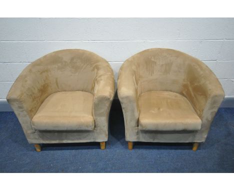 A PAIR LIGHT BROWN SUEDE UPHOLSTERED TUB CHAIRS
