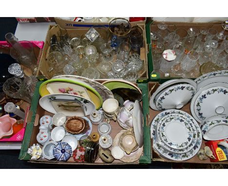 FIVE BOXES OF CERAMICS AND GLASS ETC, to include Royal Doulton 'Burgandy' dinner wares comprising six dinner plates, starter 