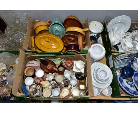 SIX BOXES AND LOOSE CERAMICS AND GLASSWARES, to include an octagonal Staffordshire hand painted frog tankard (sd), lustre jug