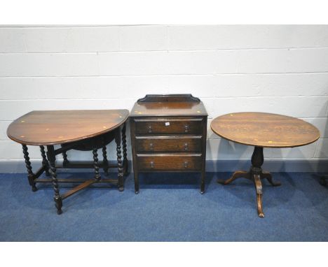 AN OAK CHEST OF THREE DRAWERS, an oak barley twist gate leg, and a Georgian tripod table (3)