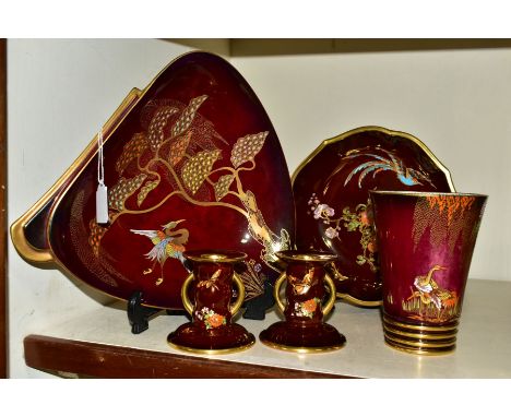 FIVE PIECES OF CARLTON WARE ROUGE ROYALE, comprising a triangular dish in the Heron and Magical Tree pattern, width 25.5cm, a