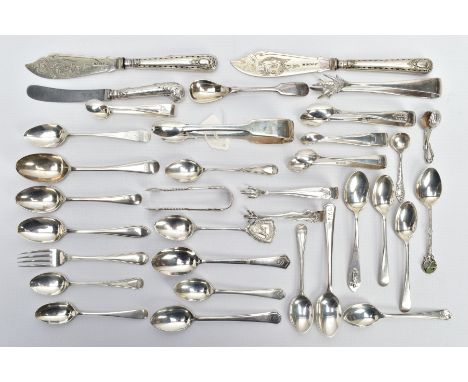 A SELECTION OF SILVER CUTLERY AND OTHER ITEMS, to include a pair of Georgian plain polished fiddle pattern sugar tongs, hallm