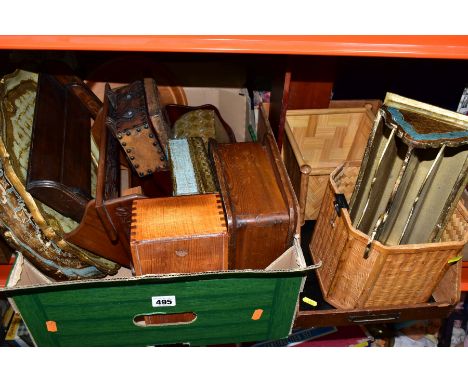 A BOX AND LOOSE TREEN ETC, to include wooden boxes, trays, book stands, drawer, letter rack, rolling pin, wicker baskets etc,