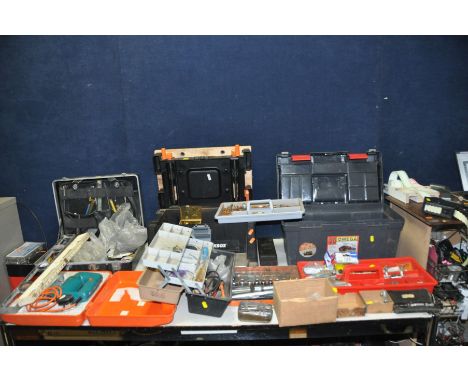 A BLACK AND DECKER WORKMATE TOOLBOX , a case and two toolboxes containing tools including a Moore and Wright Micrometer, a Dr