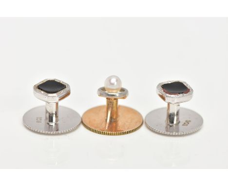 THREE DRESS STUDS, a pair of white metal dress studs with a square black enamel design, stamped 9ct, approximate gross weight