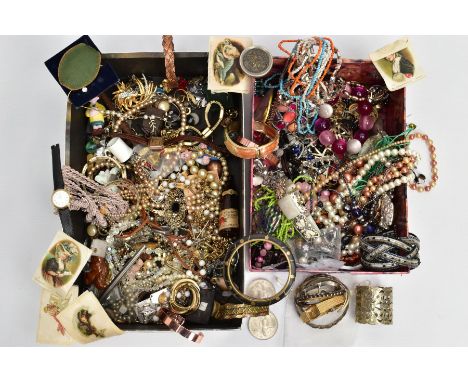 A BOX OF ASSORTED COSTUME JEWELLERY, to include a white metal twist bangle stamped 925, a white metal cuff bangle with mother