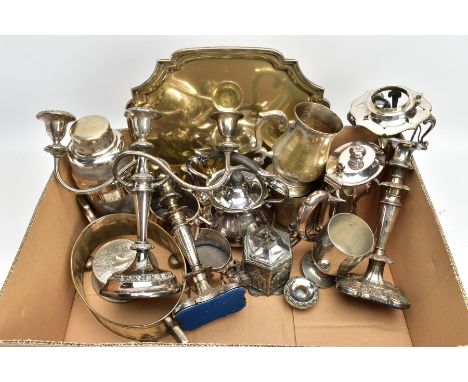 A BOX OF ASSORTED WHITE METAL WARE, to include a pair of silver-plated candlesticks on square weighted bases, (very worn), a 