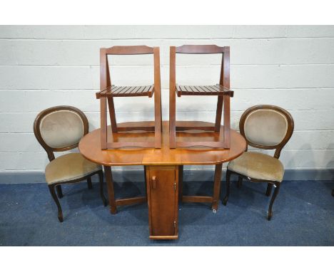 A CHERRYWOOD GATE LEG TABLE with four fold away chairs, and two balloon back chairs (7)