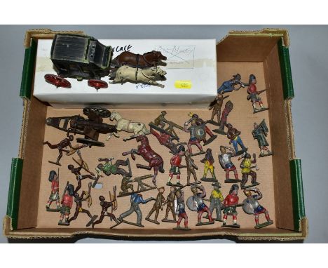 A JOHILLCO WILD WEST STAGE COACH, BRITAINS FIELD GUN AND ASSORTED LEAD FIGURES, to include Johillco stage coach in playworn c