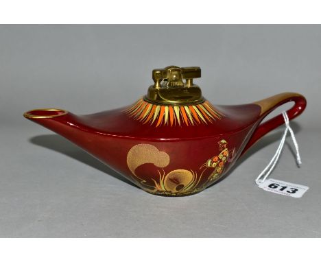 A CARLTON WARE MIKADO PATTERN TABLE LIGHTER IN THE FORM OF ALADDINS LAMP, Rouge Royale colourway with hand painted decoration