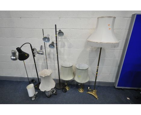 A SELECTION OF LIGHTING, to include a French brassed and ebonised twin branch table lamp, with square tapered shades, height 