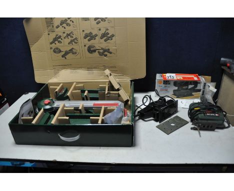 A BOSCH PLS 300 SAW STATION in box, a Bosch PST 54 E Jigsaw and a Black and Decker BD 180E 1/3 sheet electric sander (both PA
